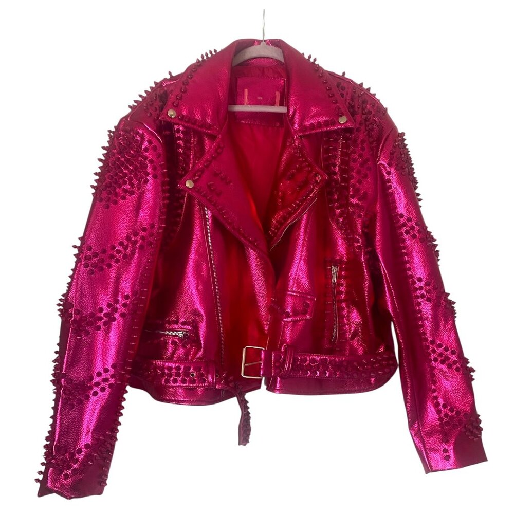 Azalea Wang Pink Alpha-X Faux Vegan Leather Studded Moto Jacket  - No Tags